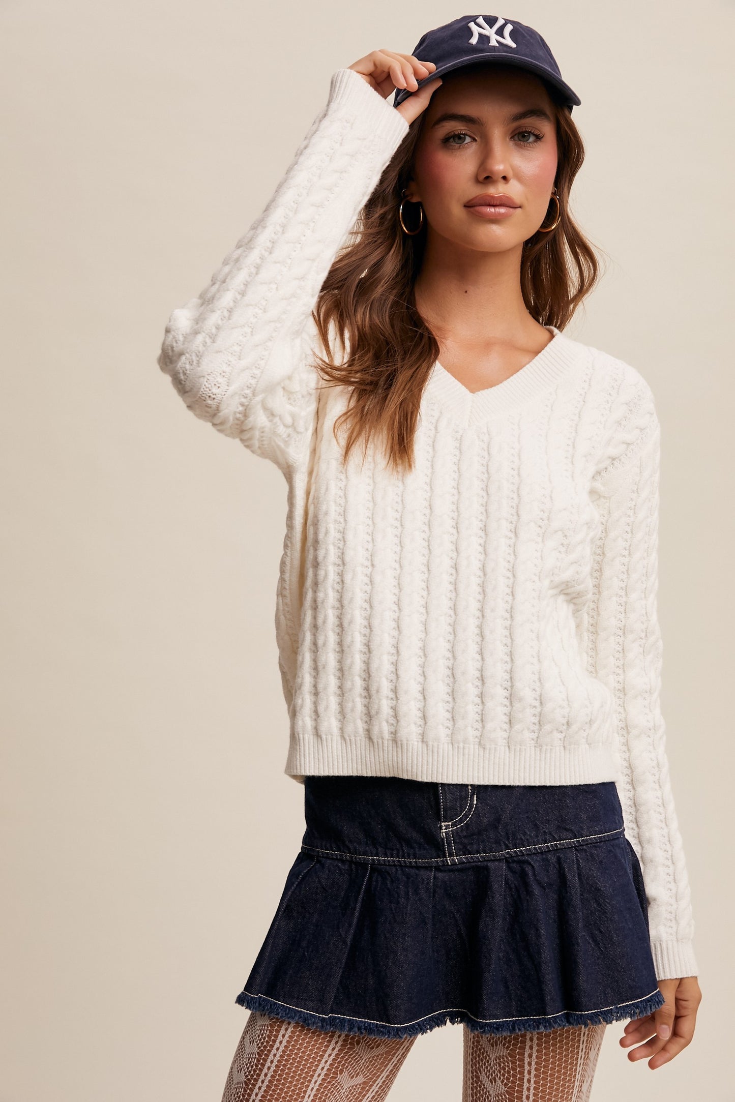 Britt V Neck Cable Knit Sweater