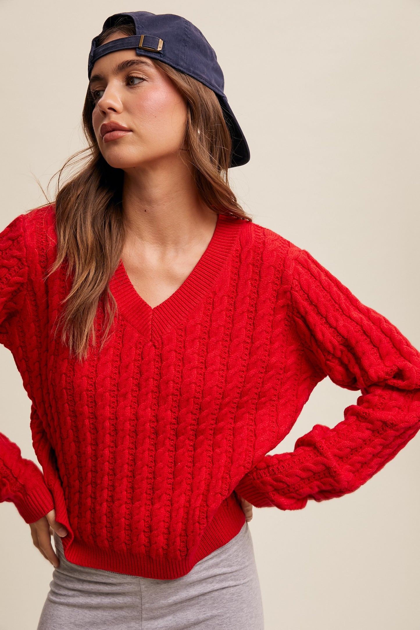 Britt V Neck Cable Knit Sweater