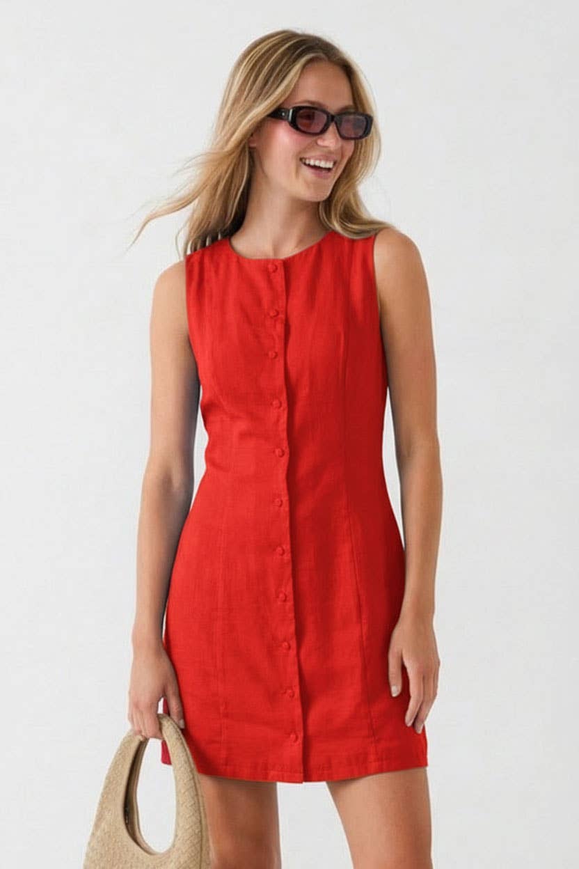 Britt Sleeveless Button Front Mini Shift Dress