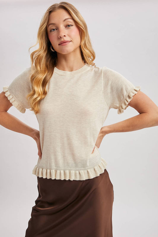 Heather Ruffled Hem Short Sleeve Sweater