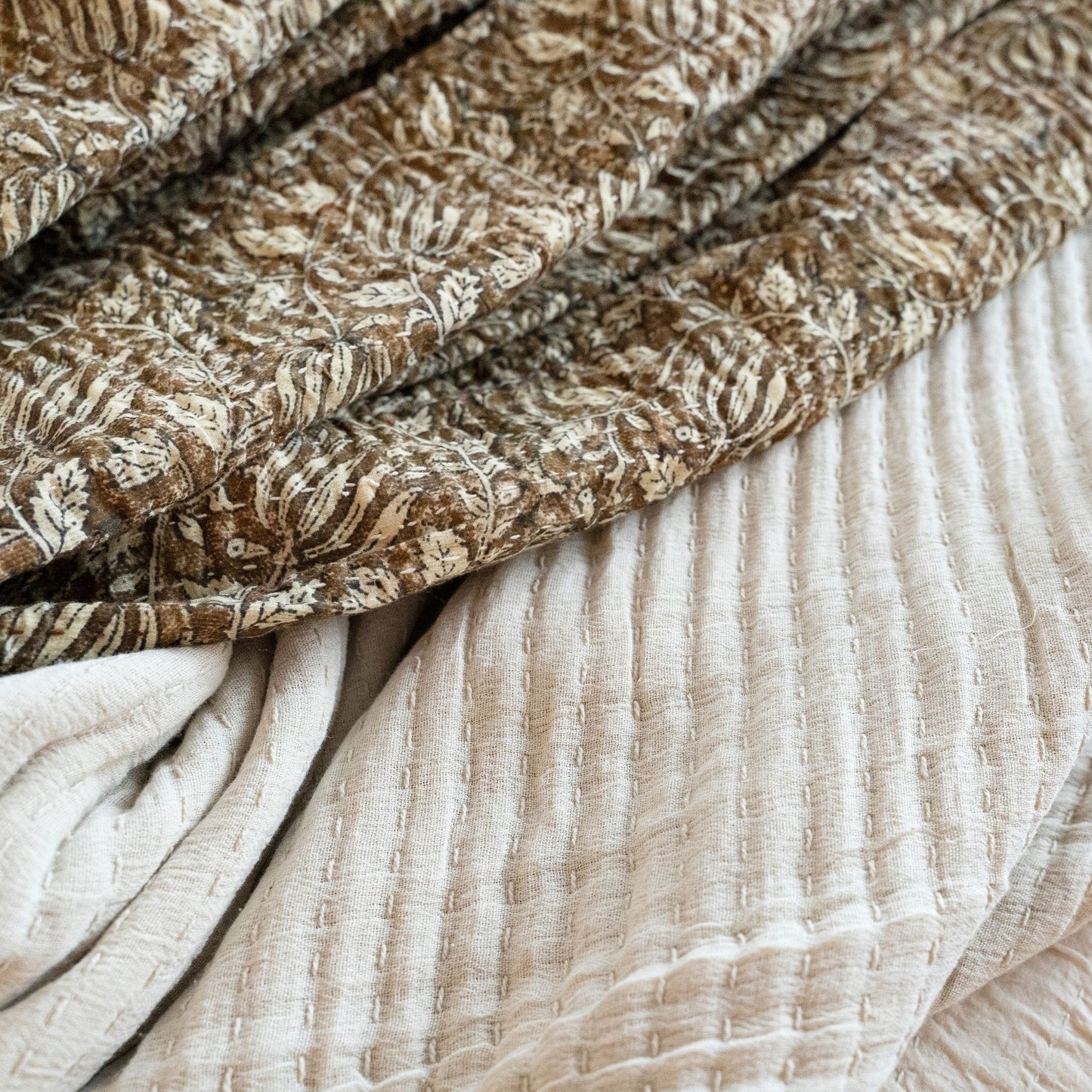 Cream Kantha-Stitch Throw Blanket