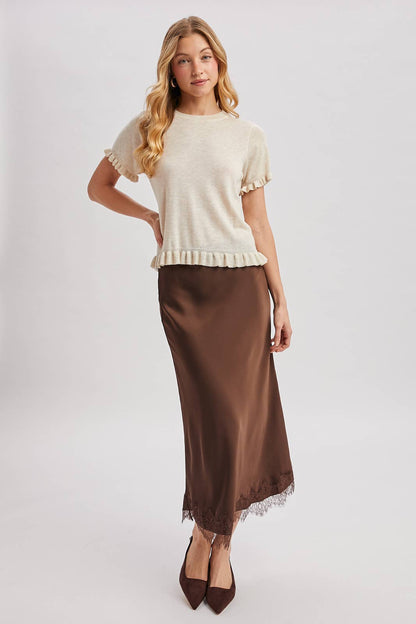 Heather Ruffled Hem Short Sleeve Sweater