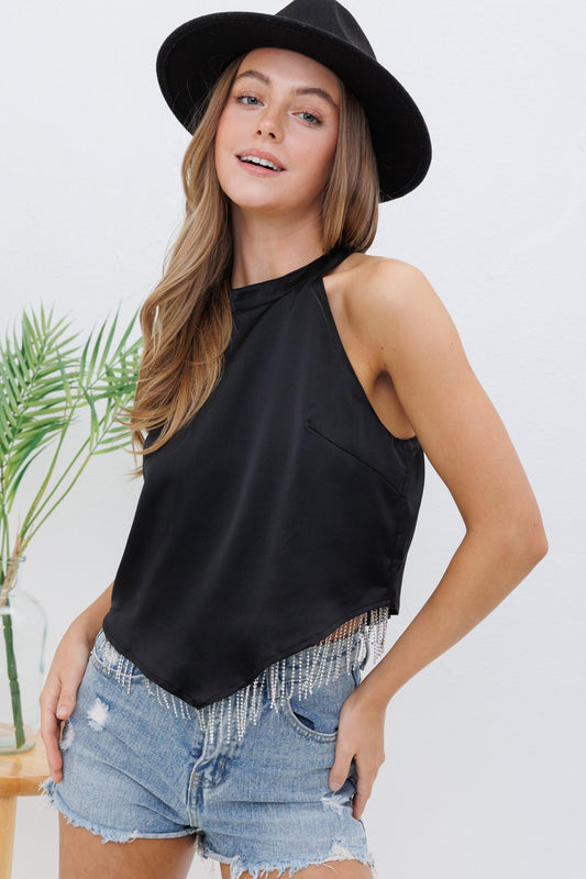 Satin Handkerchief Rhinestone Fringe Top