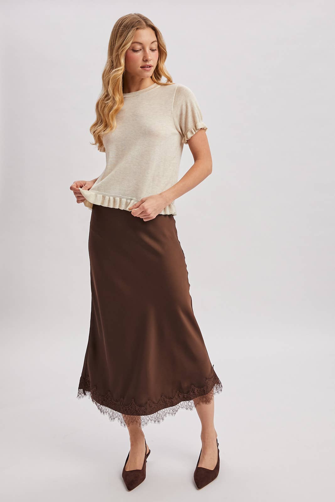 Heather Ruffled Hem Short Sleeve Sweater