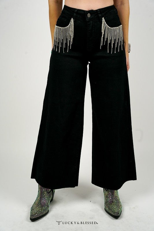 Rhinestone Fringe Crop Flare Jeans