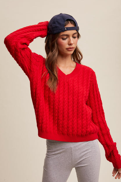 Britt V Neck Cable Knit Sweater