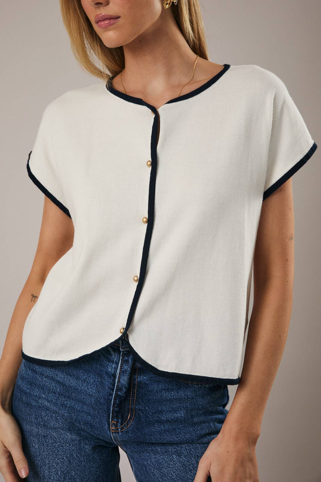 Ellie Navy Trim Button Down Top