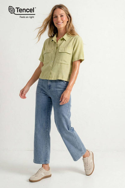 Lime Garment Dyed Cropped Button Up Shirt
