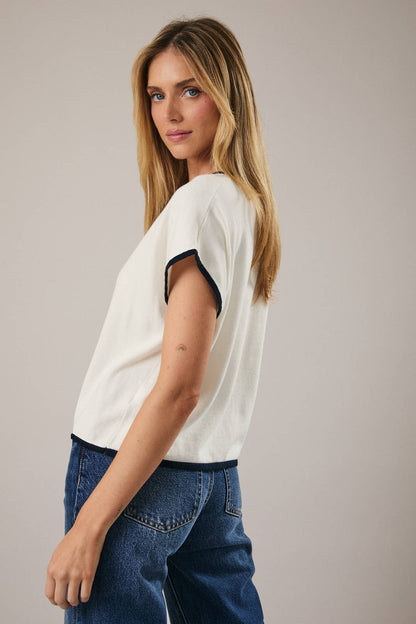Ellie Navy Trim Button Down Top