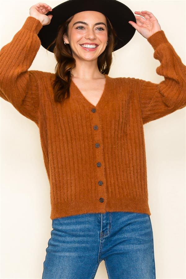 Copper Fuzzy Ribbed Cardigan