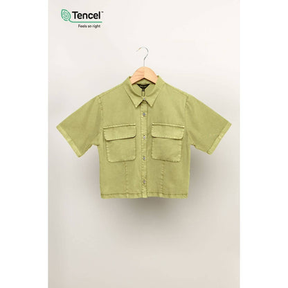 Lime Garment Dyed Cropped Button Up Shirt