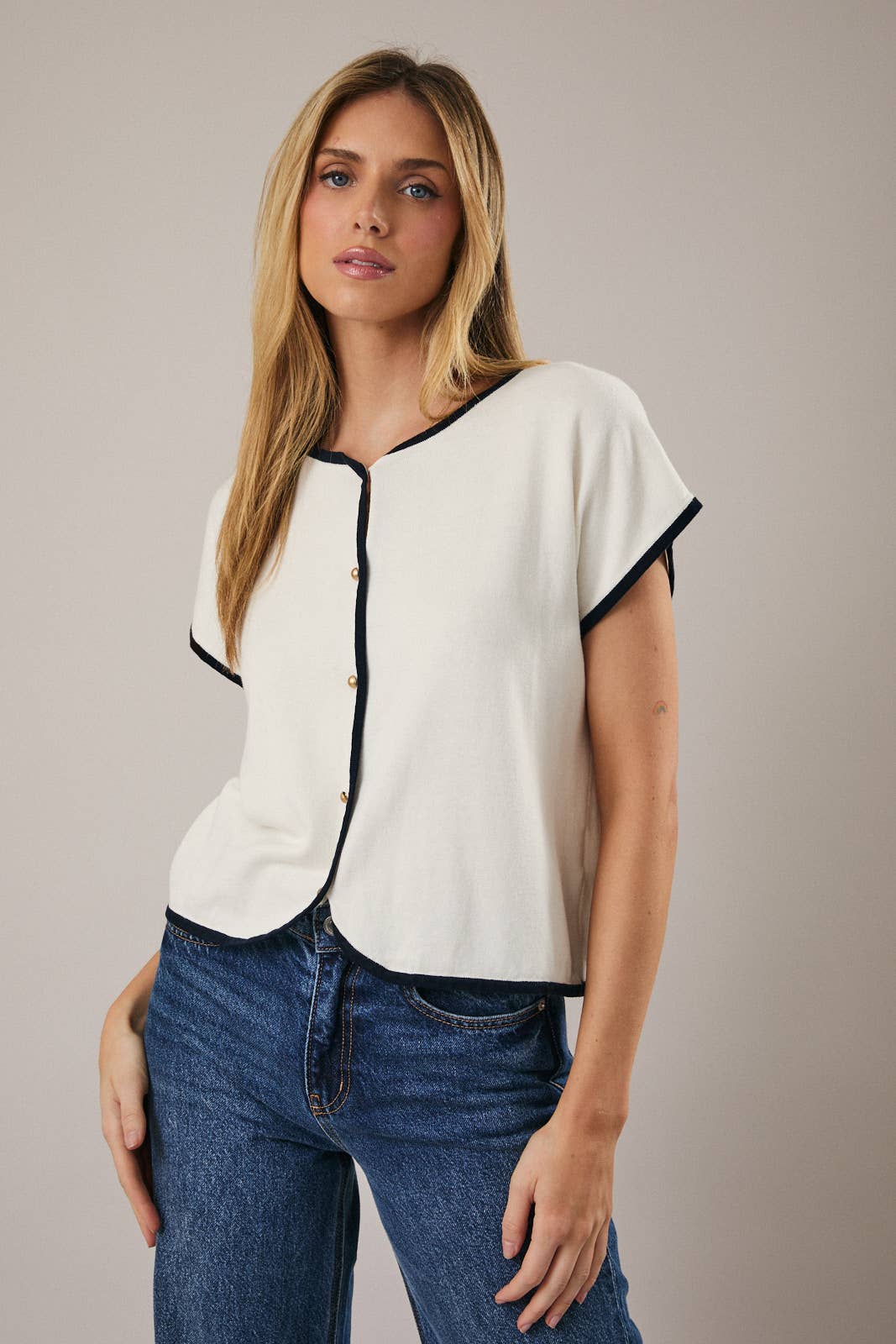 Ellie Navy Trim Button Down Top