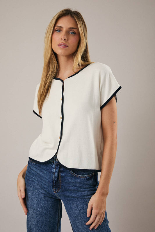 Ellie Navy Trim Button Down Top