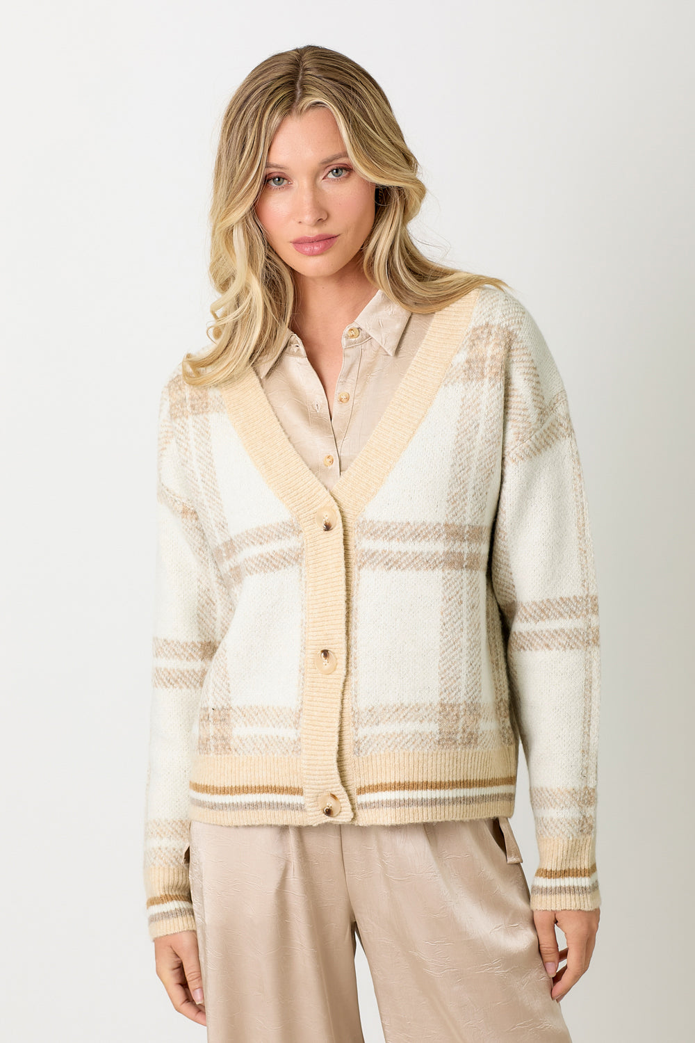 Ashley Ivory Plaid Sweater Cardigan