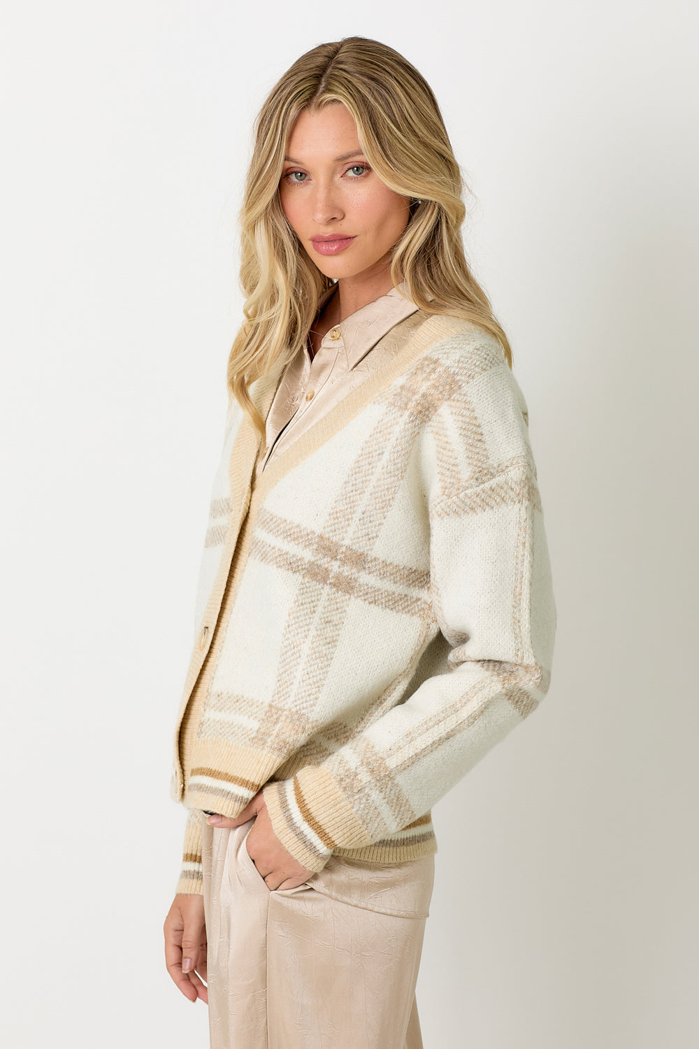 Ashley Ivory Plaid Sweater Cardigan