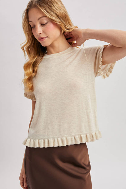 Heather Ruffled Hem Short Sleeve Sweater