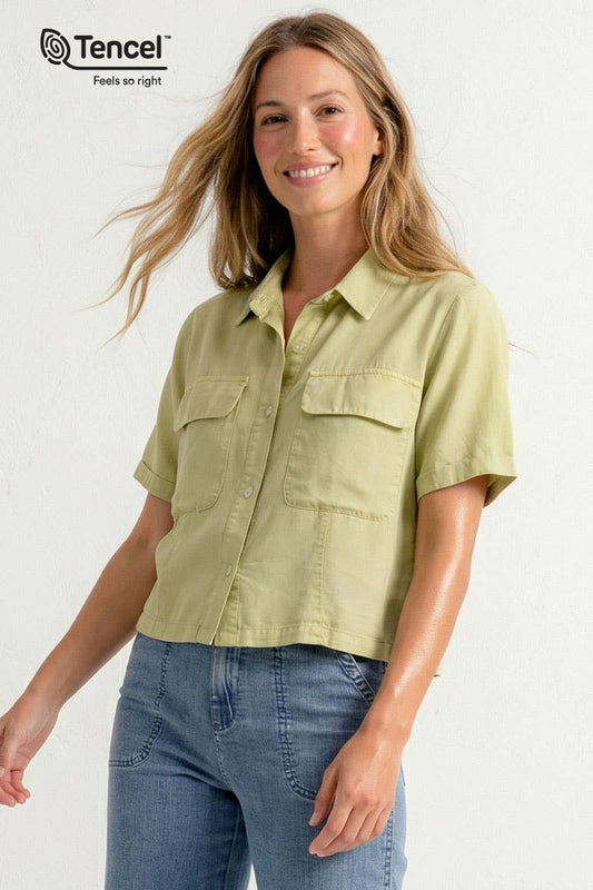 Lime Garment Dyed Cropped Button Up Shirt