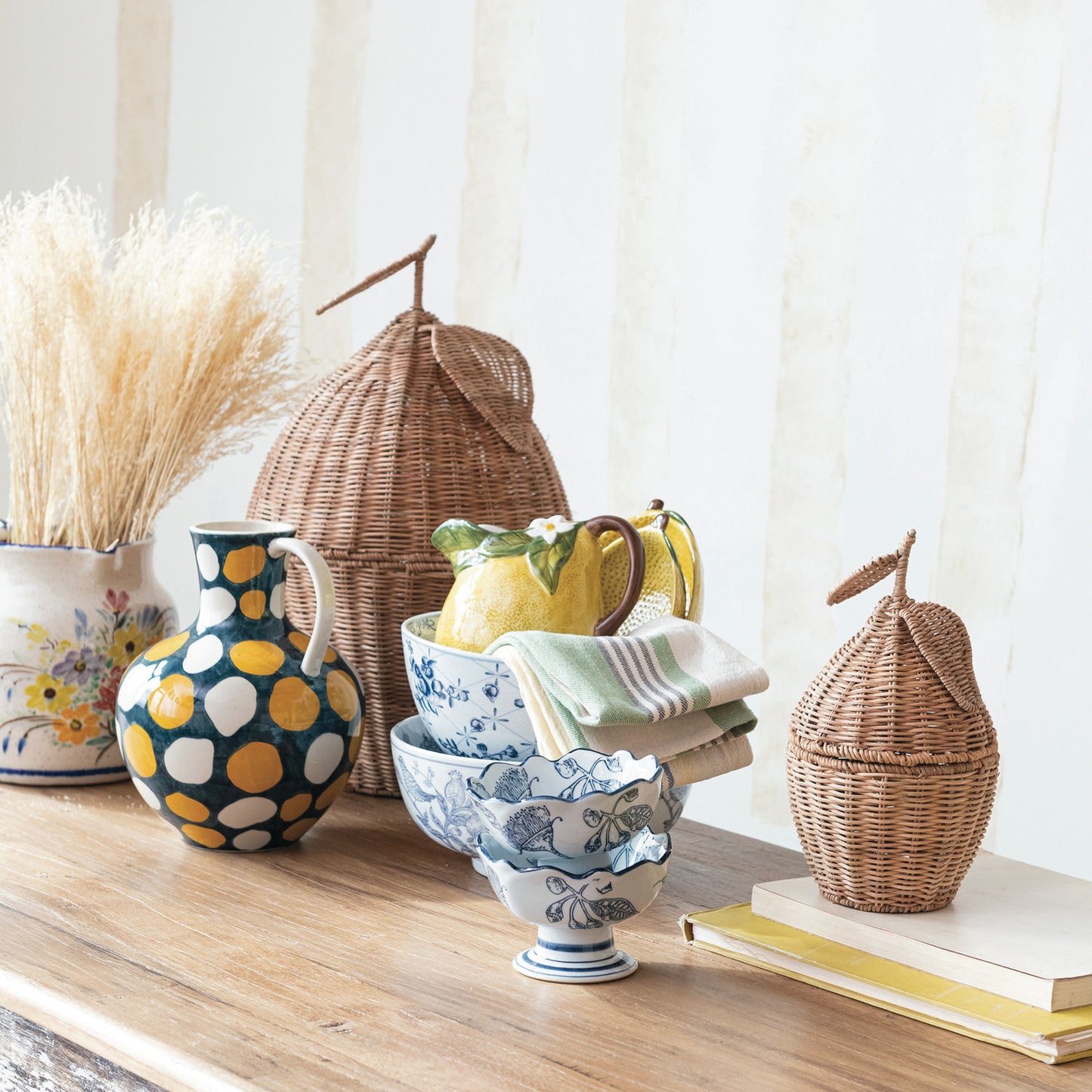 Navy Botanical Pedestal Stoneware Bowl