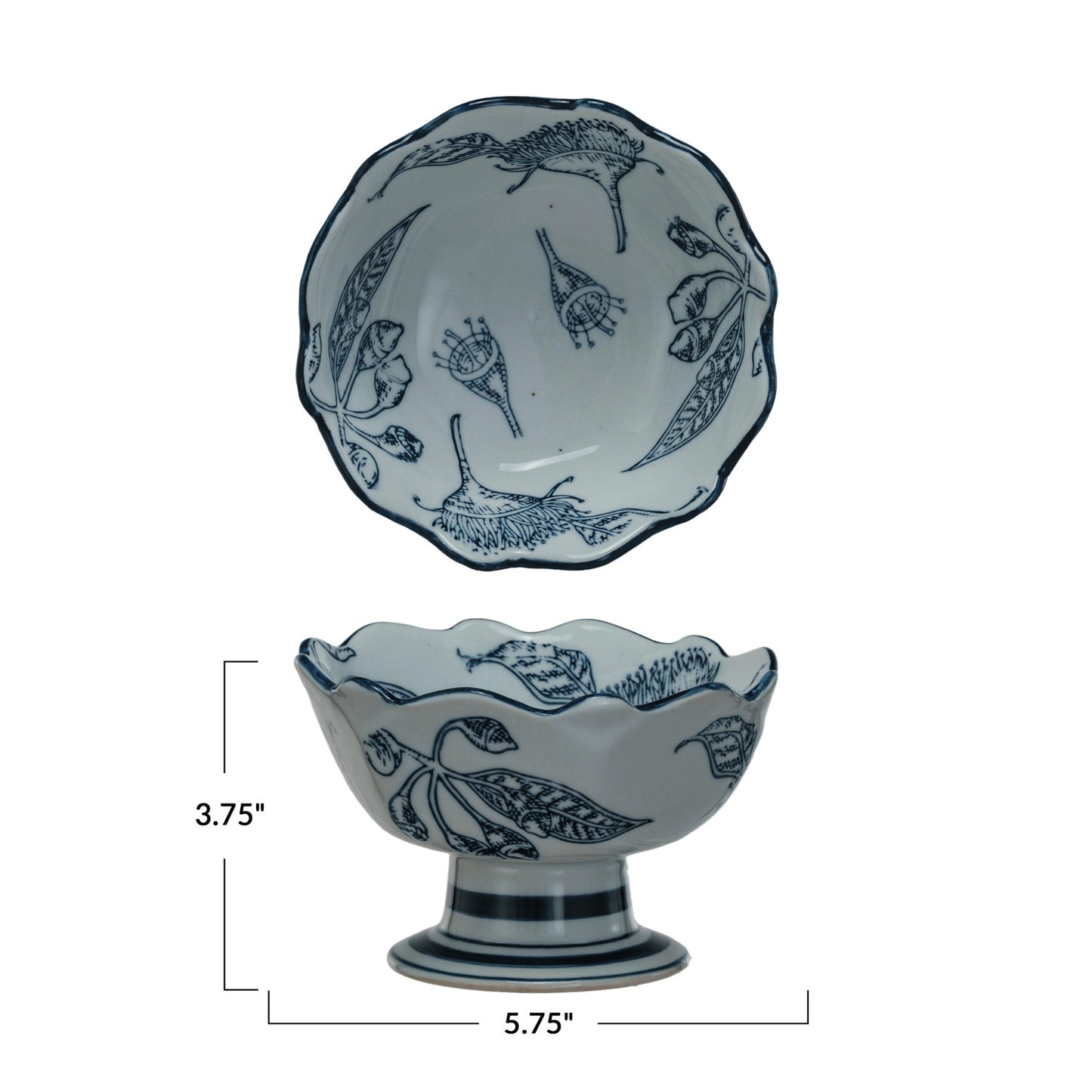 Navy Botanical Pedestal Stoneware Bowl