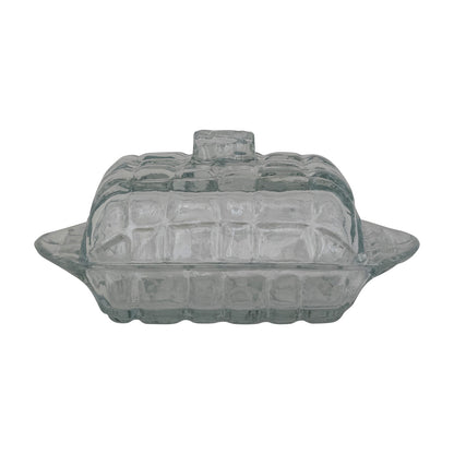 Grid Pattern Pressed Glass Butter Dish