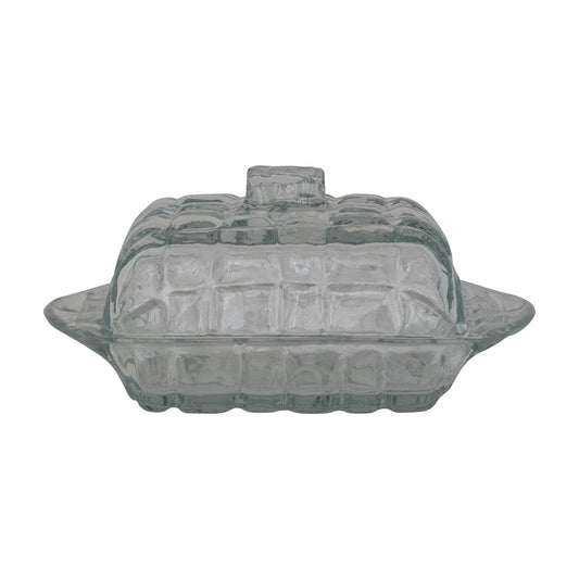 Grid Pattern Pressed Glass Butter Dish