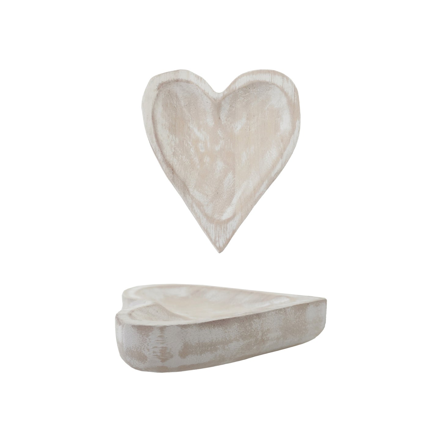 White Wash Carved Wood Heart Dish