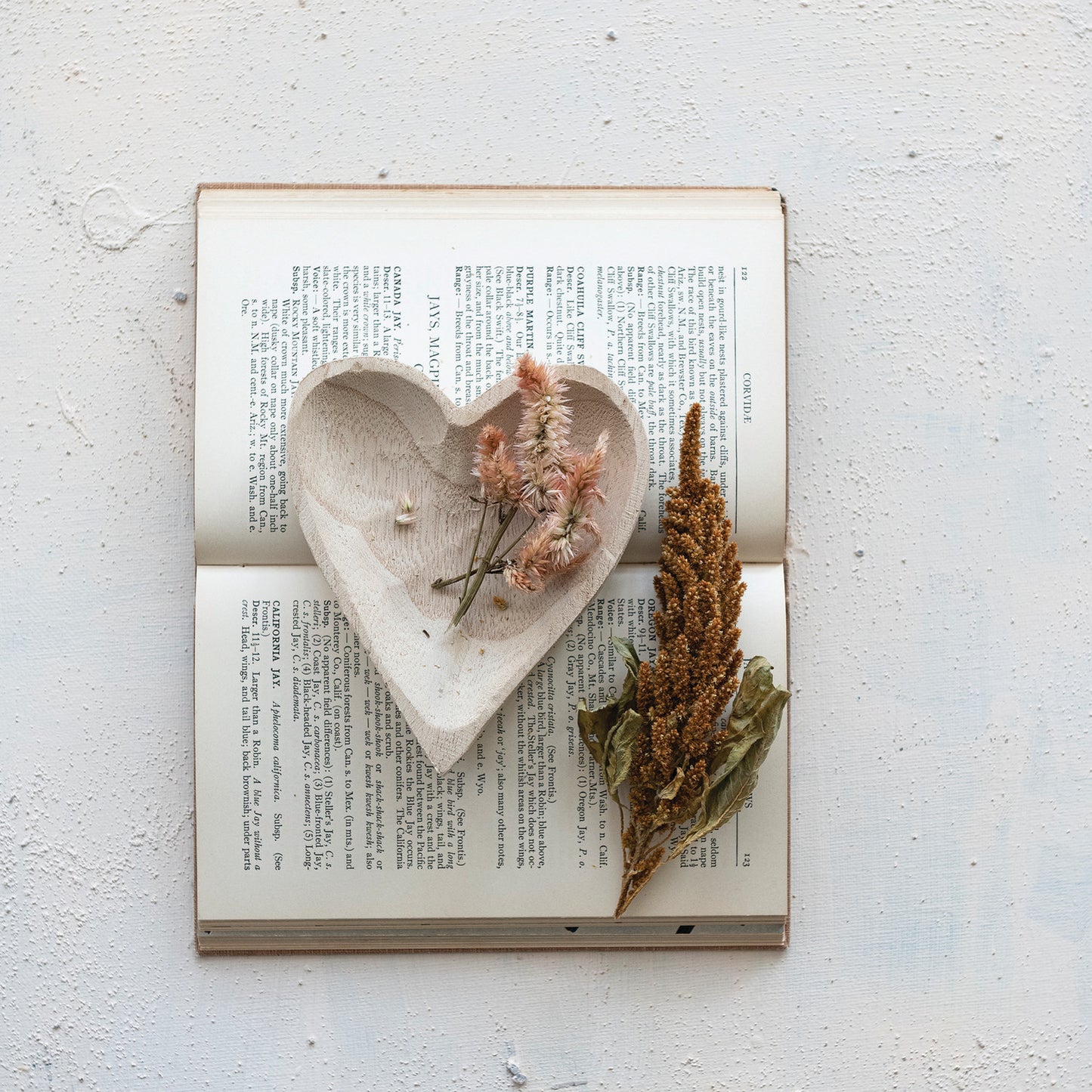 White Wash Carved Wood Heart Dish
