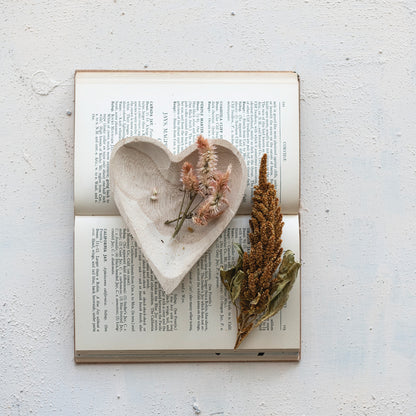 White Wash Carved Wood Heart Dish