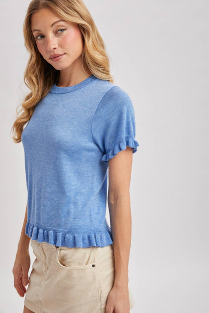 Heather Ruffled Hem Short Sleeve Sweater