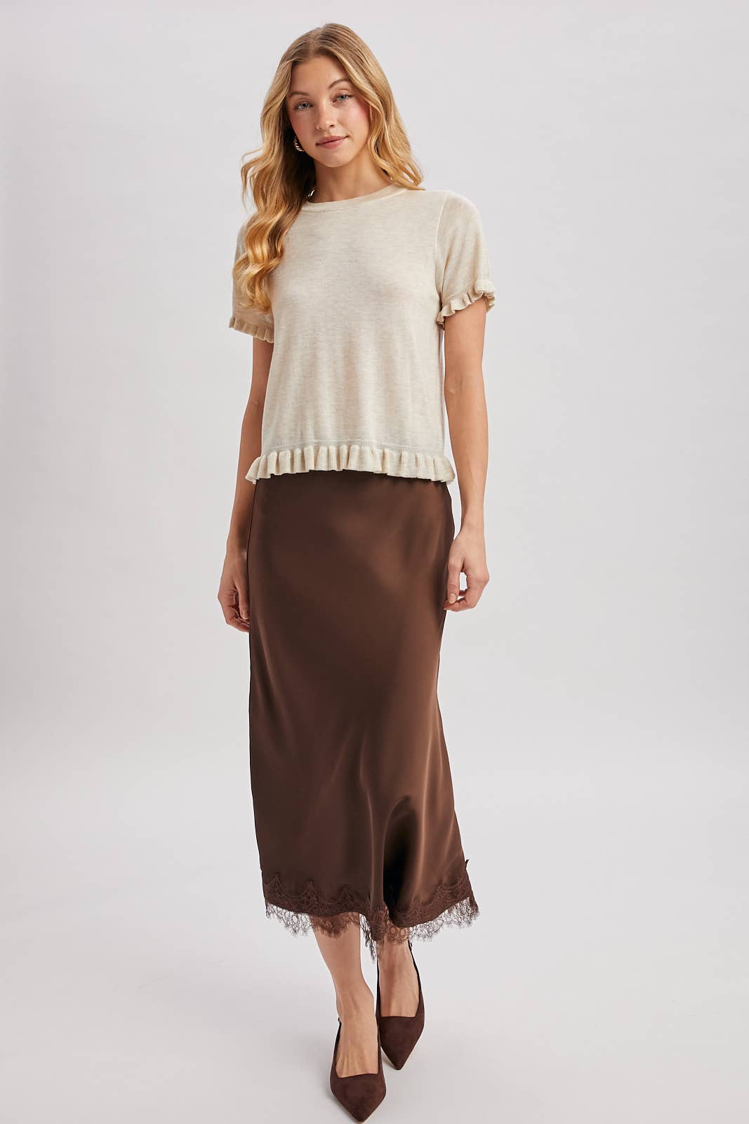 Heather Ruffled Hem Short Sleeve Sweater