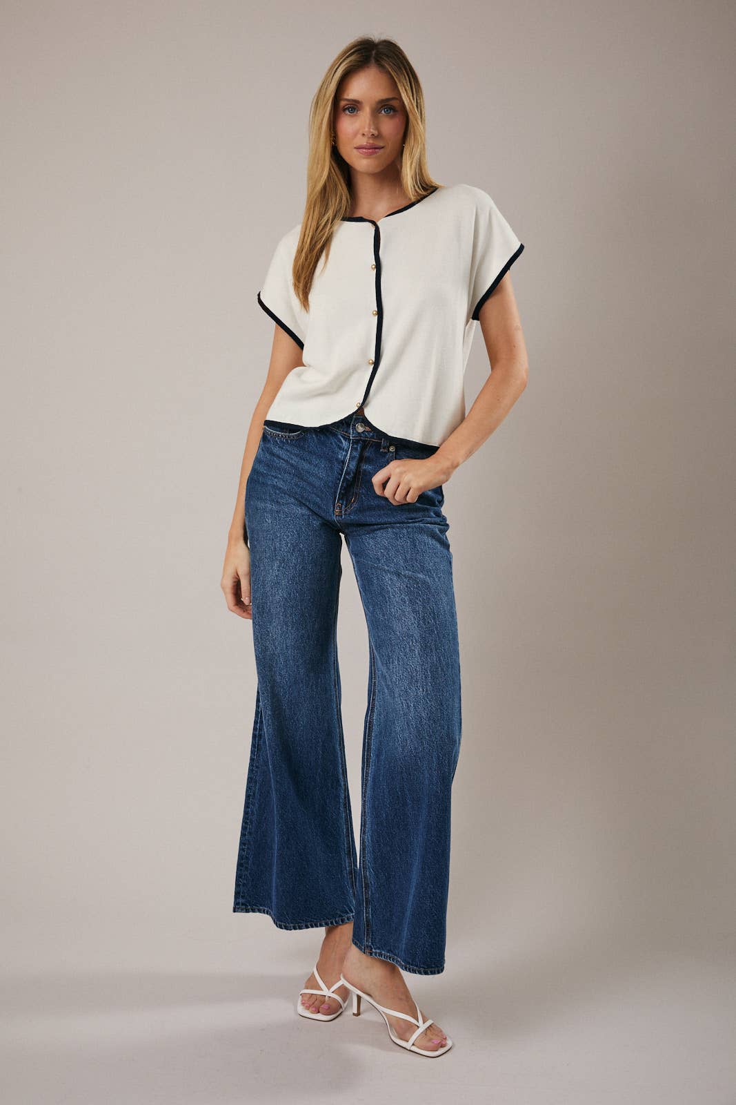 Ellie Navy Trim Button Down Top