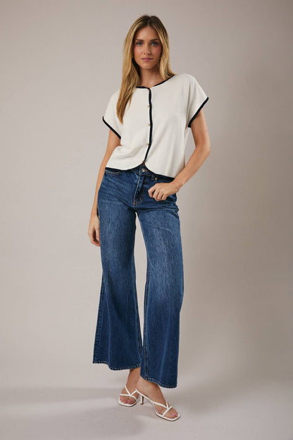 Ellie Navy Trim Button Down Top