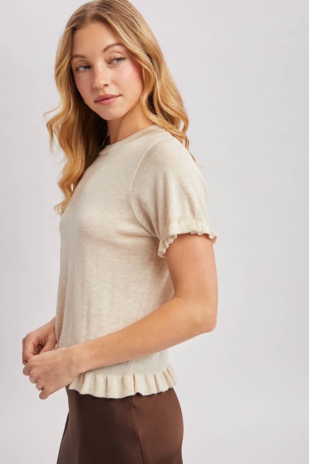 Heather Ruffled Hem Short Sleeve Sweater