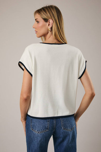 Ellie Navy Trim Button Down Top