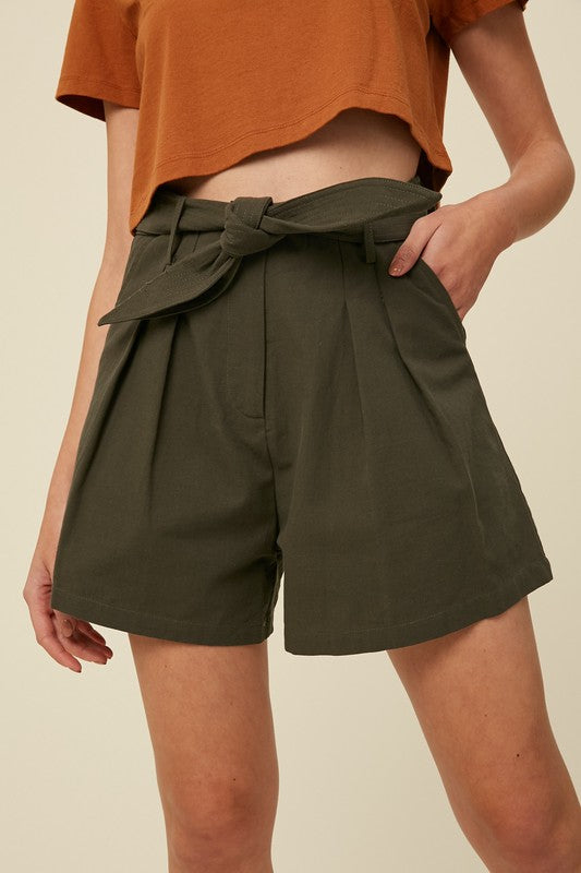 Olive Belted Twill Shorts