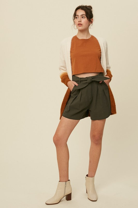 Olive Belted Twill Shorts