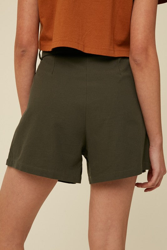 Olive Belted Twill Shorts