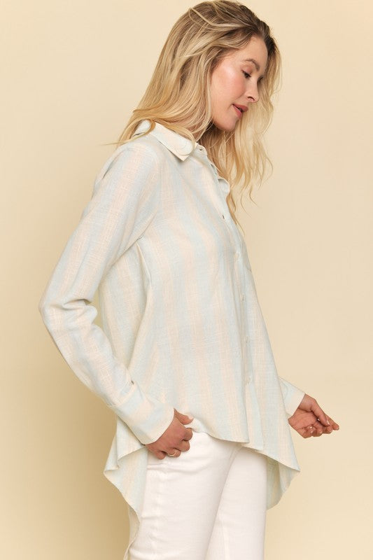 Soft Blue Asymmetrical Hem Stripe Shirt