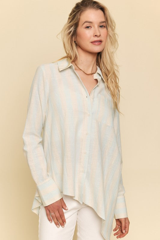 Soft Blue Asymmetrical Hem Stripe Shirt